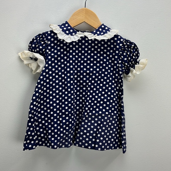 Vintage Polly Flinders Polka Dot Dress Blue White Baby Girl 18 Month Eyelet - Picture 1 of 8